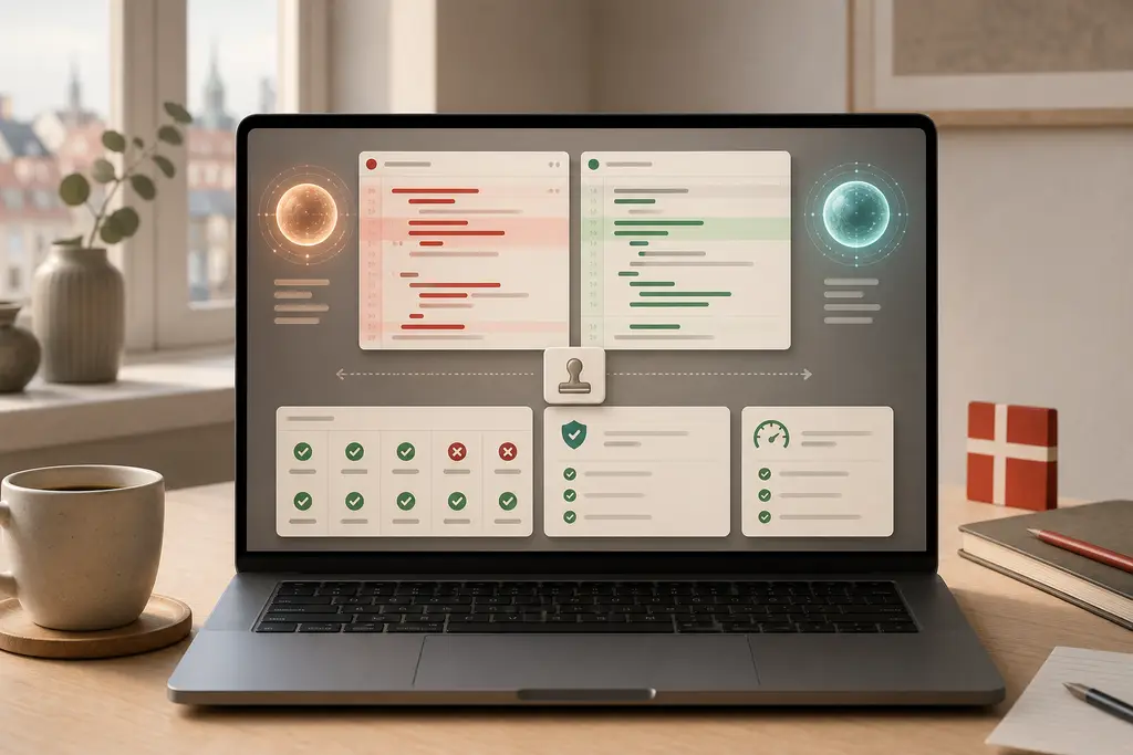 AI-kodegennemgang med diffpaneler, checklist tiles, testresultater, sikkerhedsreview, performance checks og dansk kontekst
