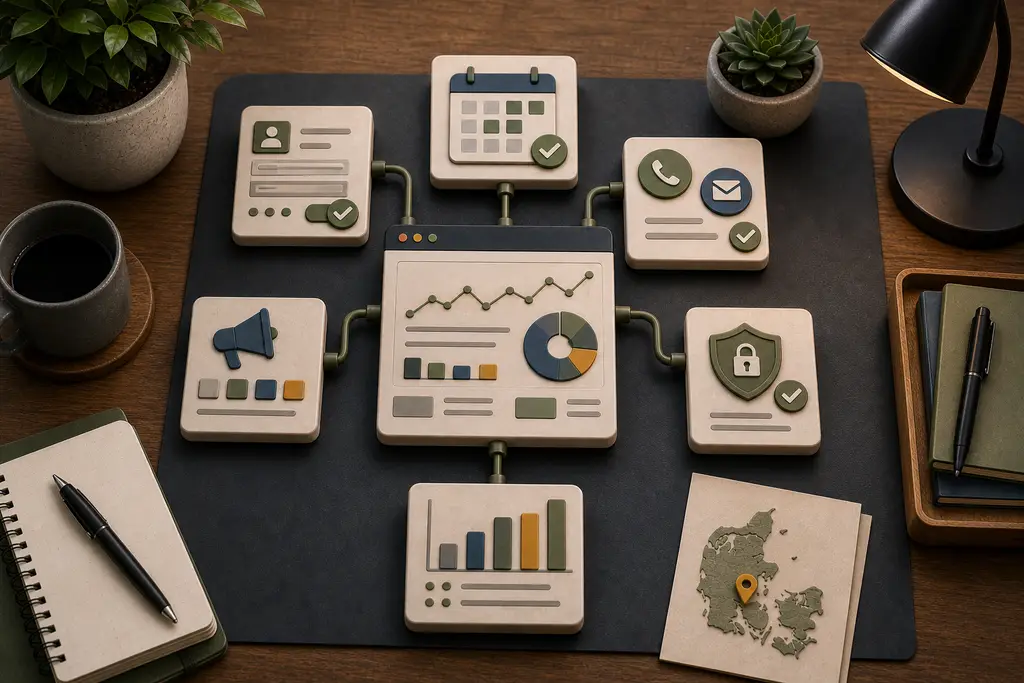 Analytics og konverteringssporing med formular, booking, telefon, kampagne, privatliv, rapport og Danmark-kontekst