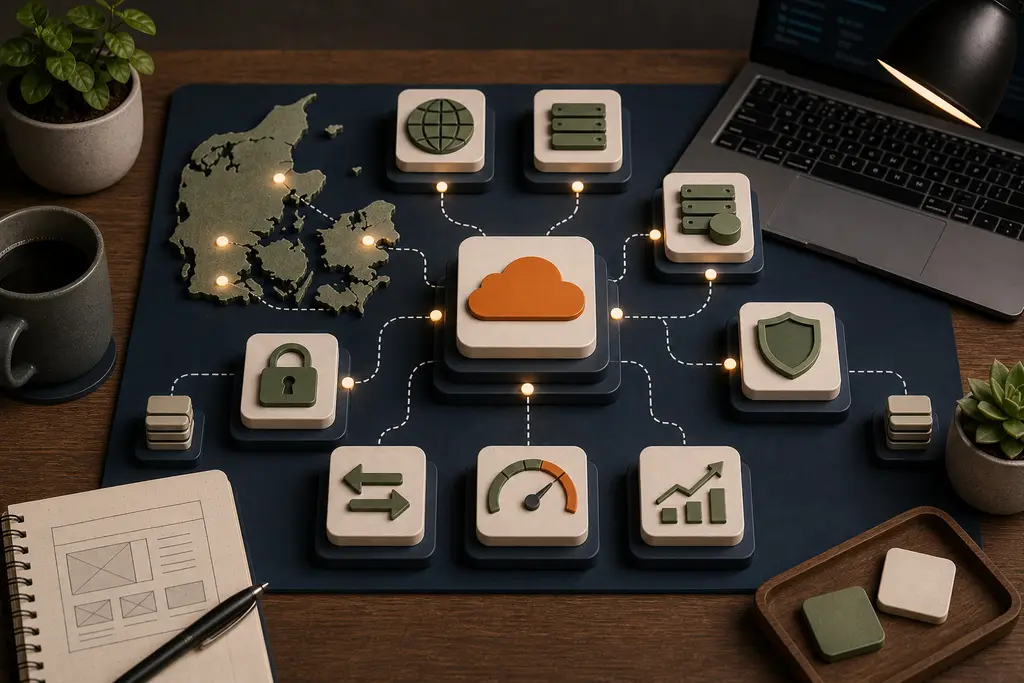 Cloud-infrastruktur til danske websites med DNS, caching, CDN-levering, HTTPS, sikkerhed og performance-kontroller