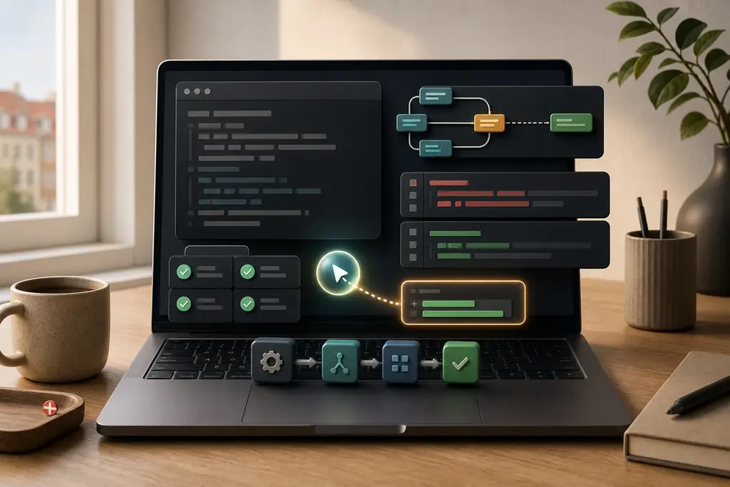 Codex CLI-workflow med terminal, git branch, diff review, tests, build checks og dansk kontekst