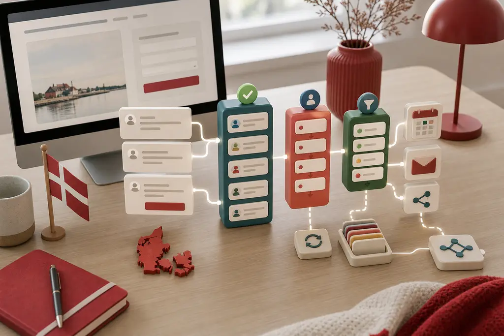 CRM-integration med websiteformularer, booking-leads, pipelineblokke, API-connectors, notifikationer, retry-kø og Danmark-kontekst