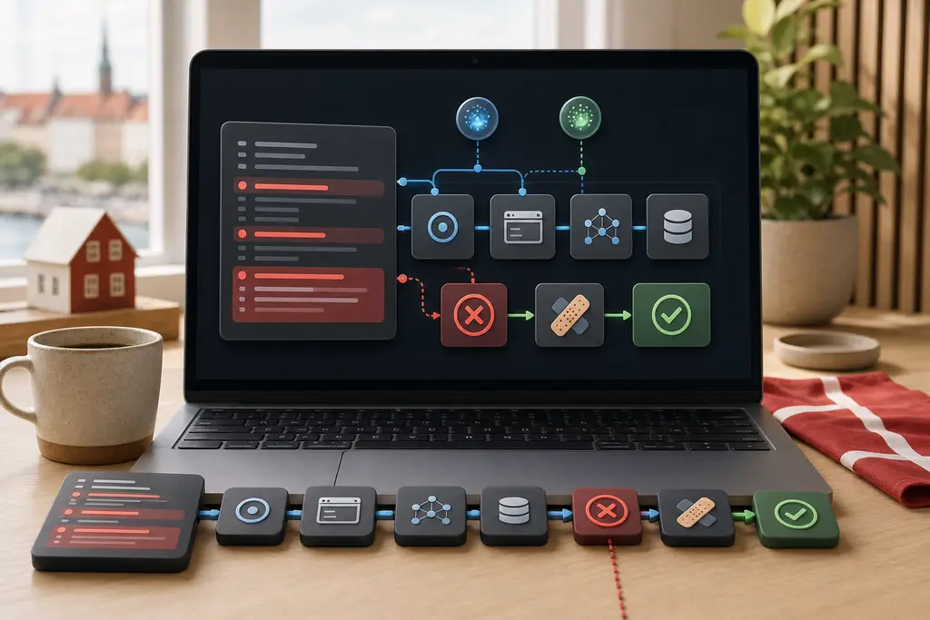 Fejlfindingsworkflow med logs, reproduktionstrin, API-sporing, failing test, patchreview, verificering og dansk kontekst