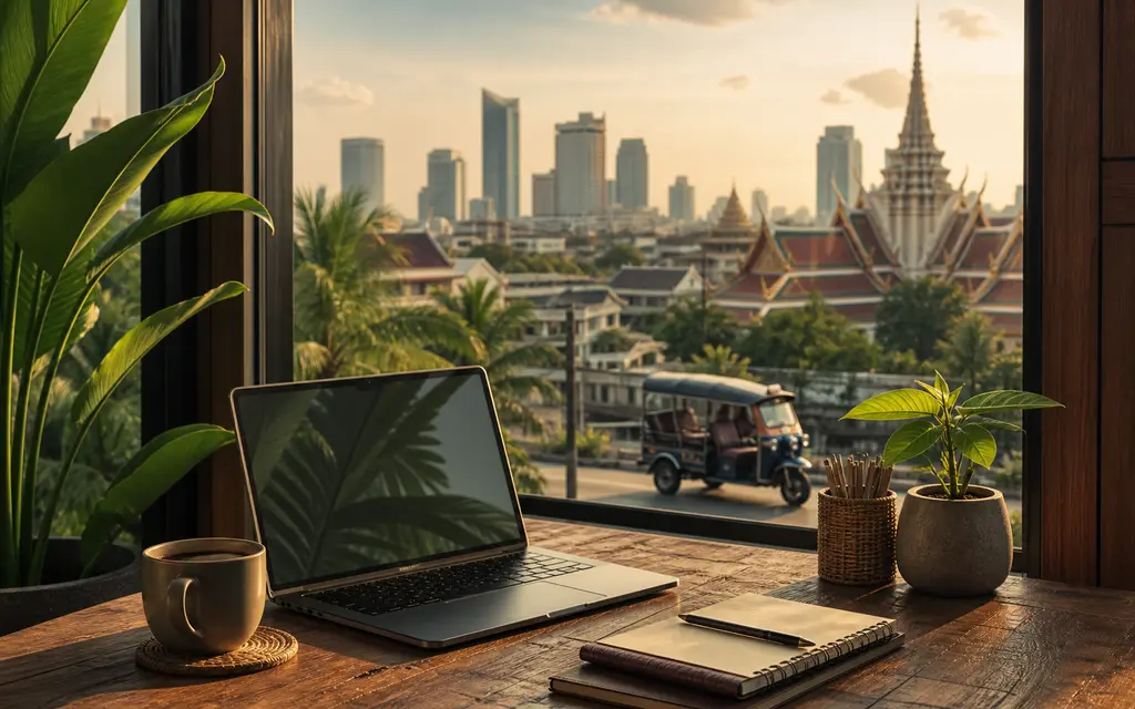 Digital nomade-arbejdsplads i Thailand med laptop, notesbog, planter og Bangkok uden for vinduet