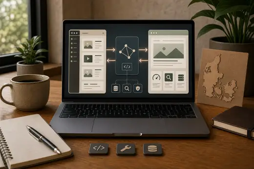 Headless WordPress-arkitektur med WordPress CMS, API-lag, separat frontend, cache, SEO, sikkerhed…