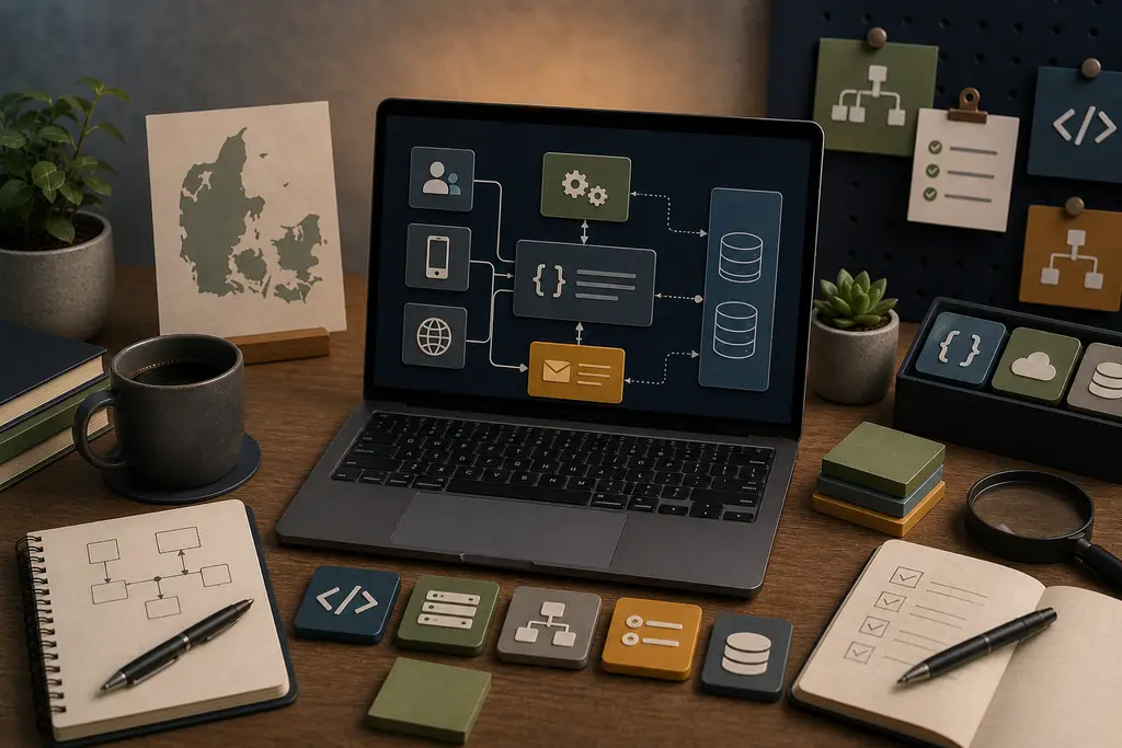 Backend-workspace med arkitekturblokke, databaser, køer, API'er og en diskret Danmark-reference