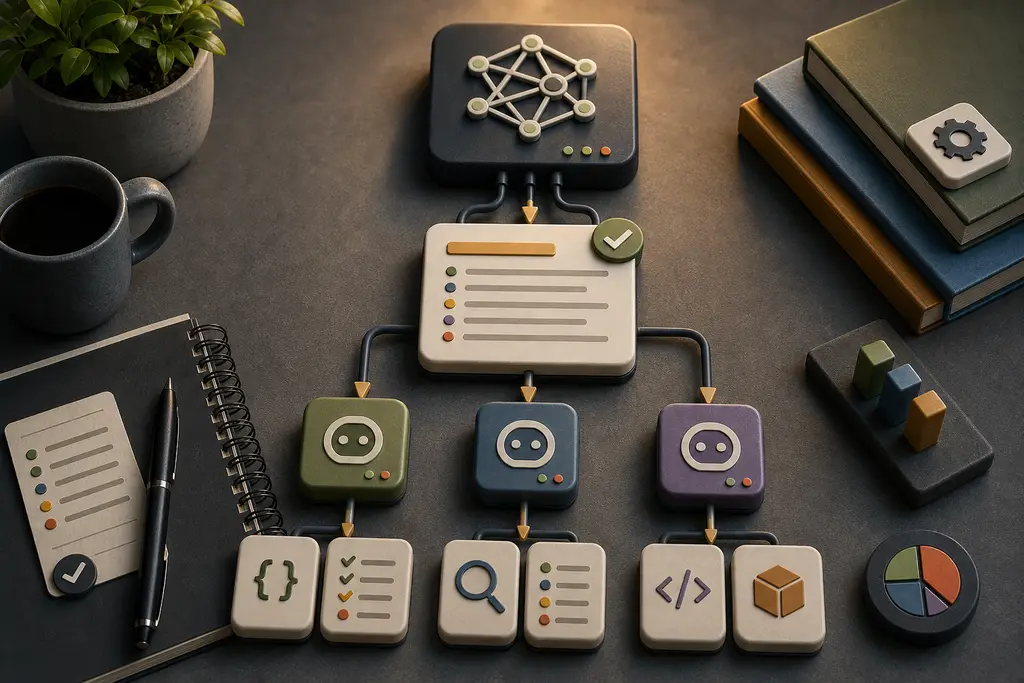 En stor AI-model-node, der rækker et skrevet instruktionsdokument ned til tre mindre AI-model-noder, som udfører arbejdet