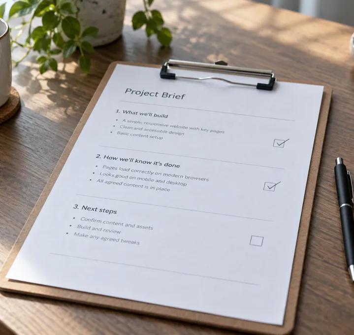 Kort opgavebeskrivelse på et clipboard med opgaver og punkter til gennemgang af resultatet