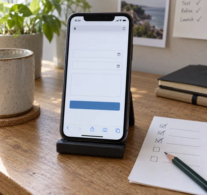 Forespørgselsformular på en mobiltelefon ved siden af en tjekliste på papir