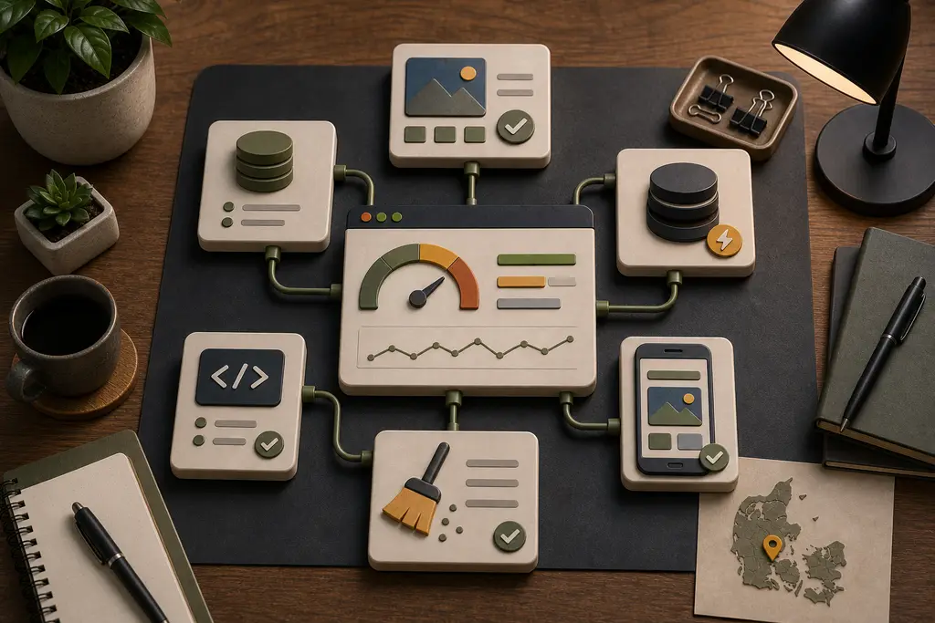 Workflow til rettelse af langsom hjemmeside med performance-dashboard, cache, billeder, database, scripts, mobilvisning og Danmark-kontekst