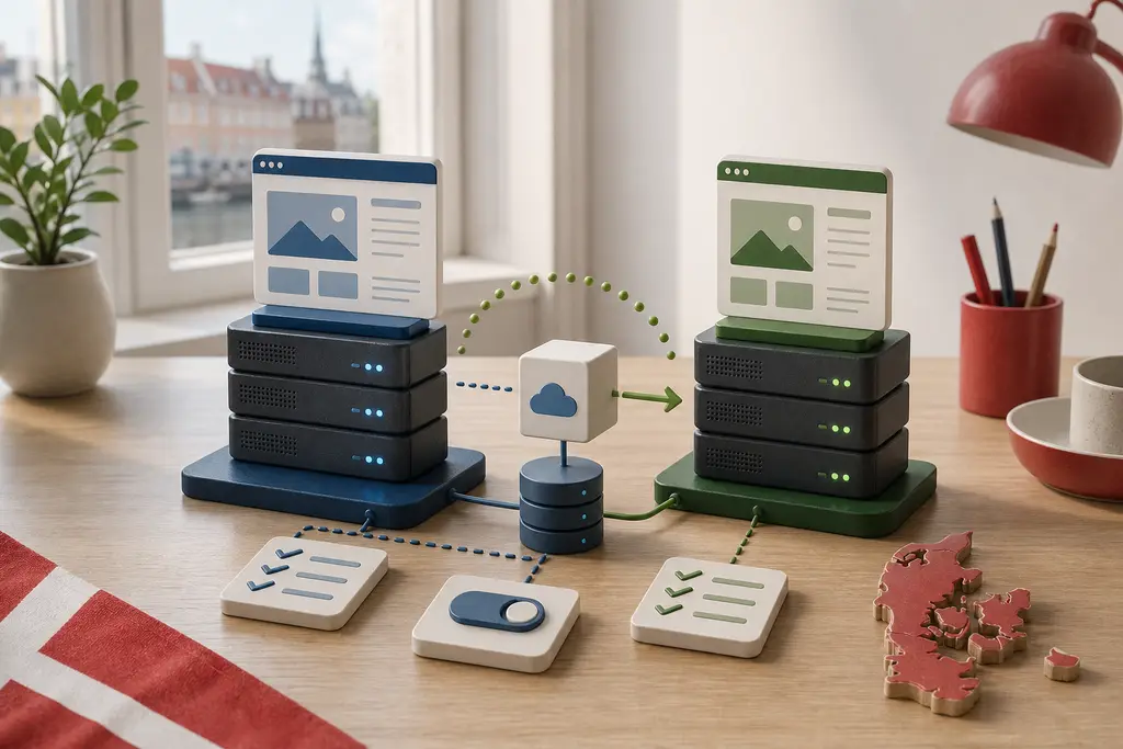 Stagingmiljø med produktion og testsite, deploy-pile, backup, database, rollback-kontrol og Danmark-kontekst
