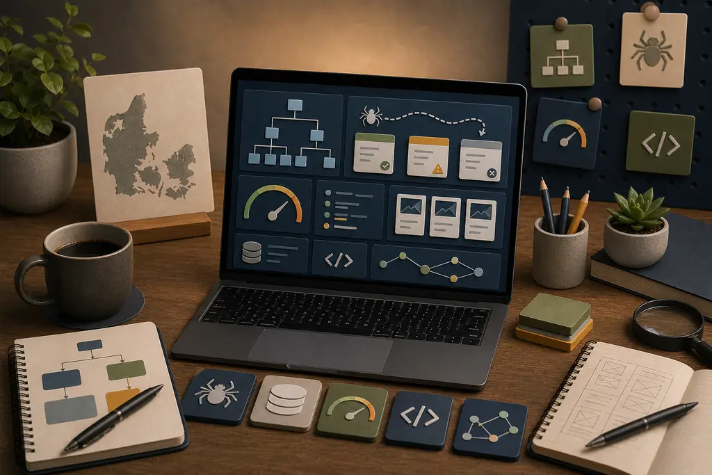 Teknisk SEO-dashboard med sitemap-noder, statuskort, strukturerede data og Danmark-kontekst