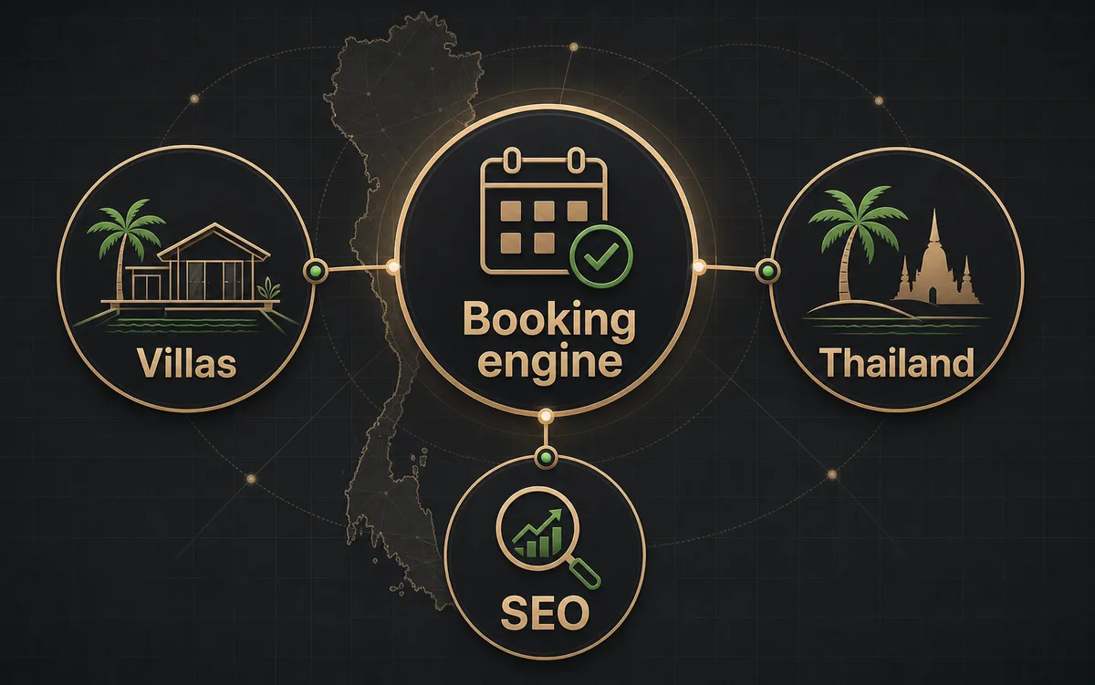 Infografik der viser en bookingmotor til villaudlejning i Thailand forbundet med villaer, destinationer og SEO