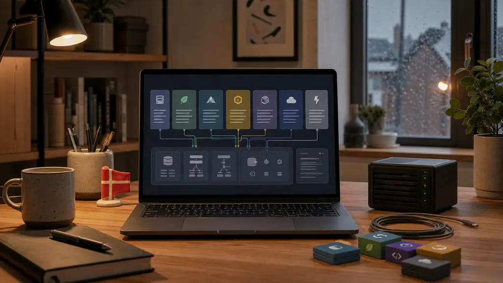Webudvikling stack-arbejdsplads for danske websites med laptop, arkitekturkort, forbundne systemblokke, serverkubus, stack-blokke og varmt developer-skrivebord