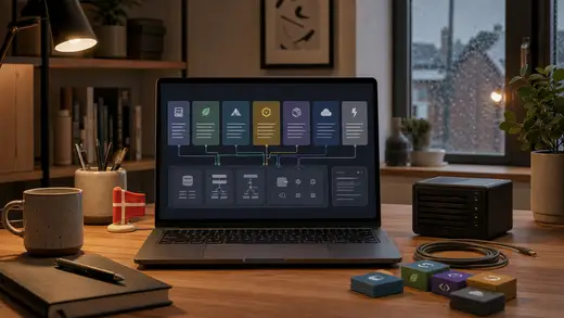 Arbejdsplads med webstack, bærbar computer, arkitekturkort, forbundne systemblokke og server