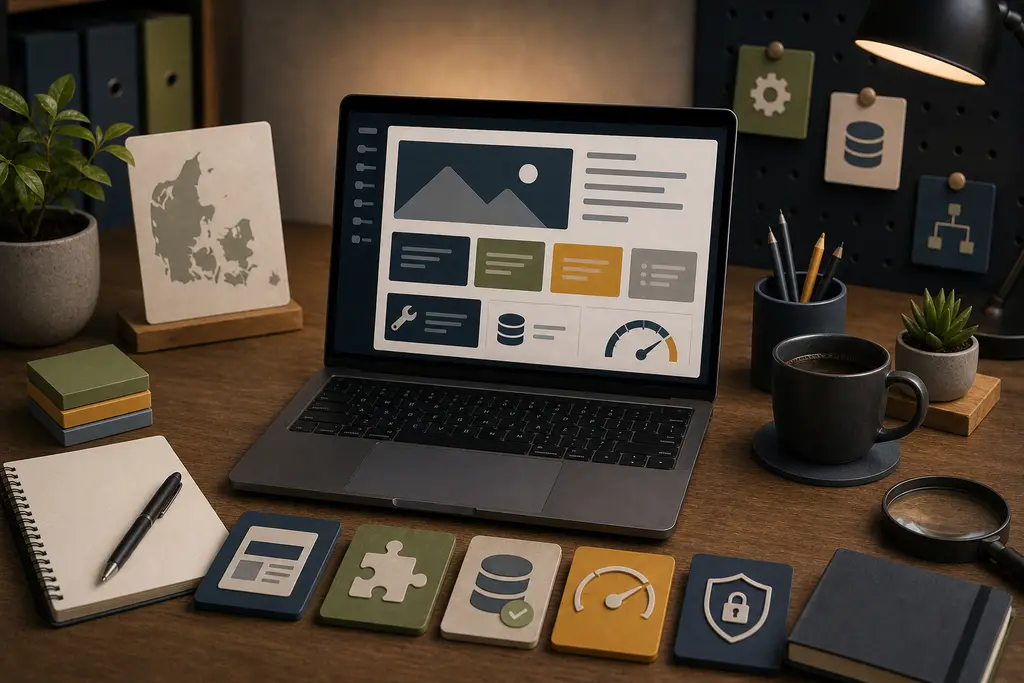 CMS-workspace med performance, pluginstruktur, database, sikkerhed og Danmark-kontekst