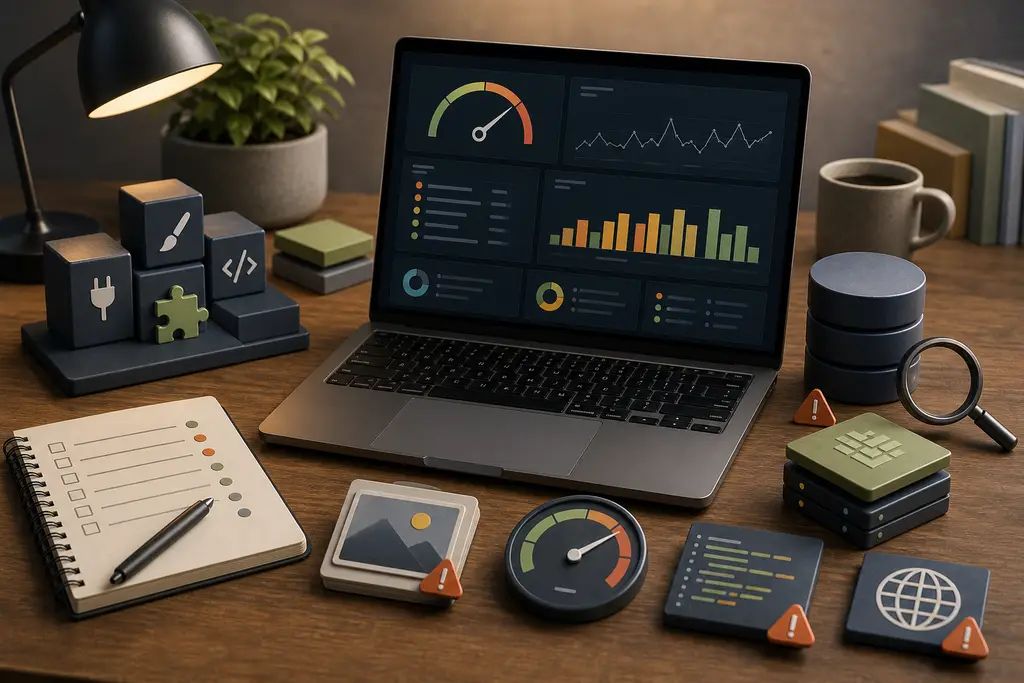 WordPress performance-audit med dashboard, plugin-moduler, database, cache og diagnoseværktøjer